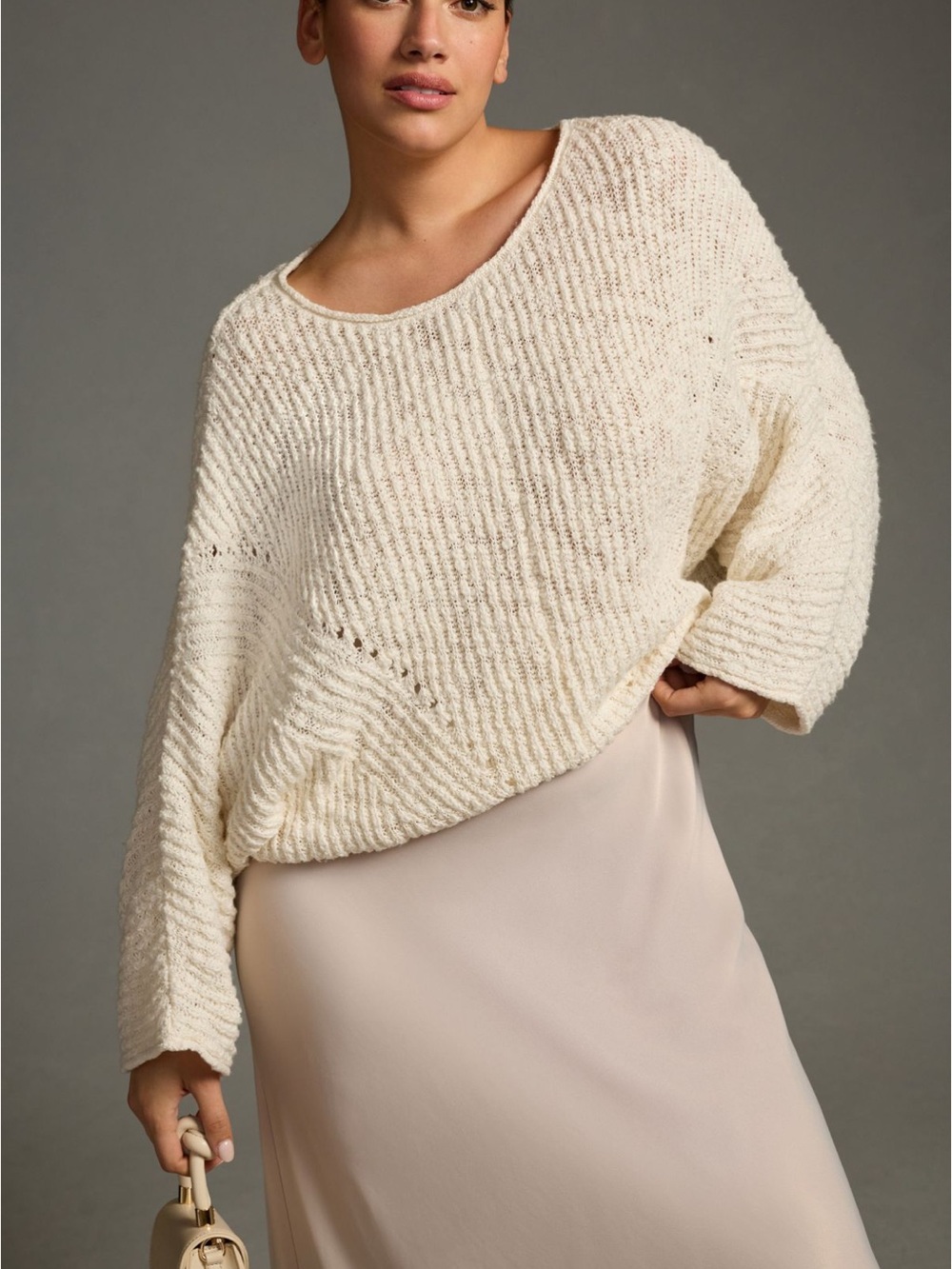 Anthropologie Cream Textured Scoop-Neck Knit Sweater batwing sleeves NEW w tags